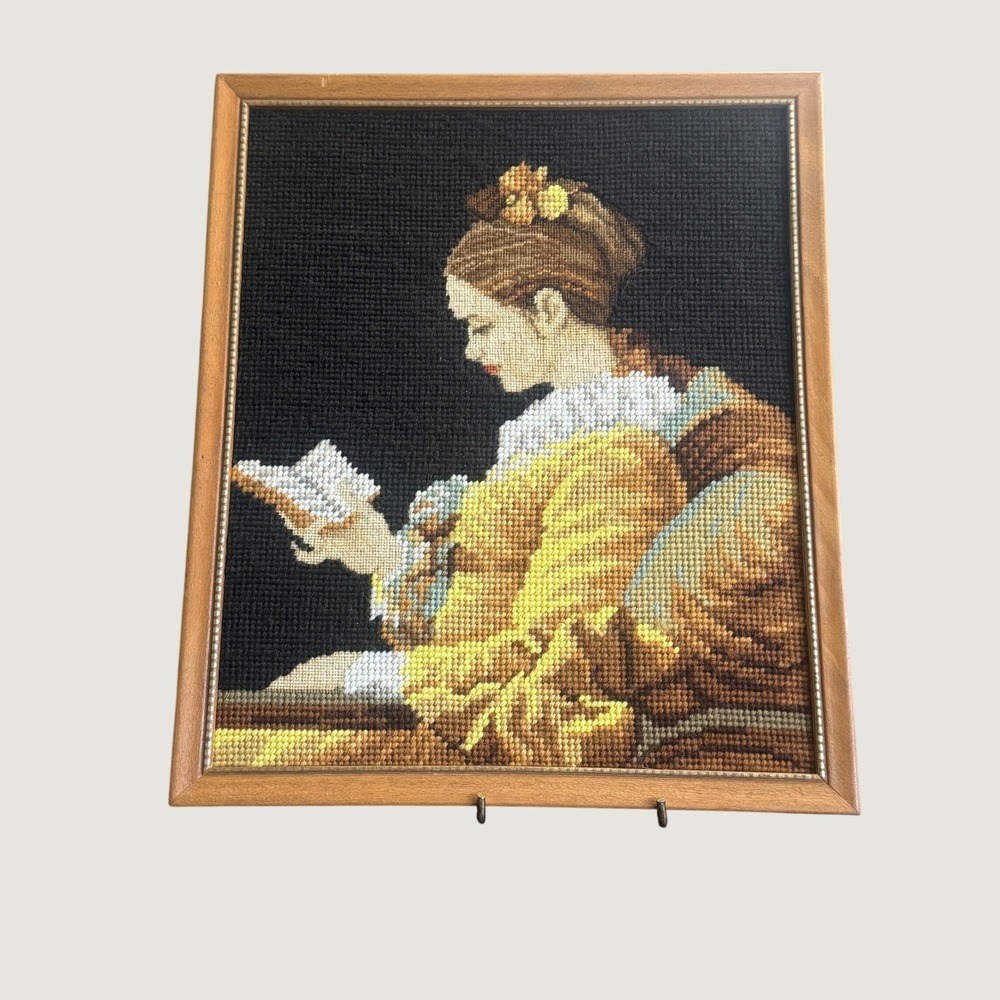 Vintage Needlepoint Framed Art Young Girl Reading Portrait Wall Decor